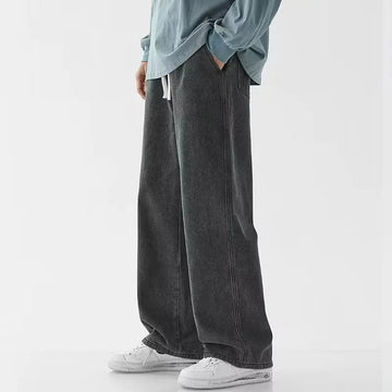 Korean casual solid color versatile men's classic long pants all season straight leg denim wide leg pants light blue gray black